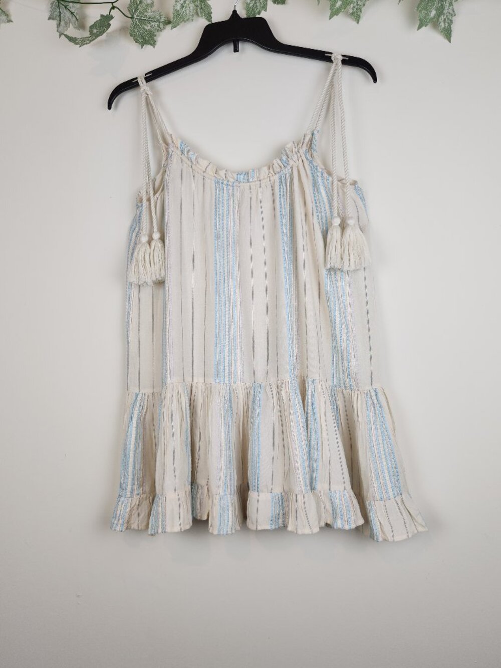 Elan Size M Tiered Ruffled Tie Straps Tassels Sundress Boho Flowy Mini Dress
